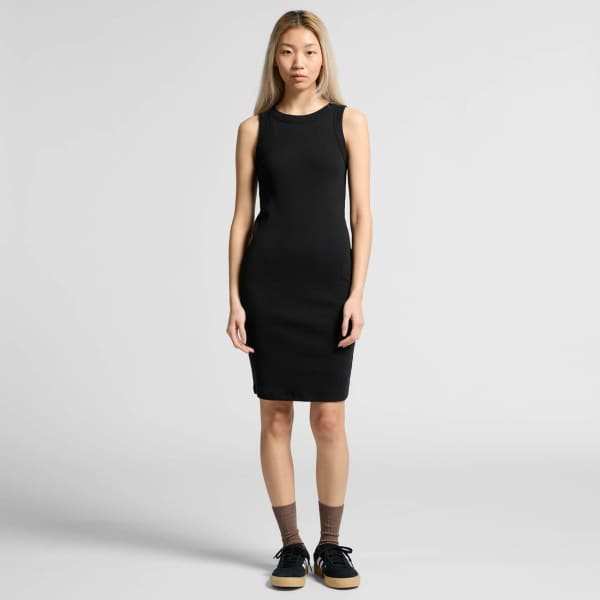 A black ribbed dress with a fitted silhouette, featuring a round neckline and a logo on the centre back.