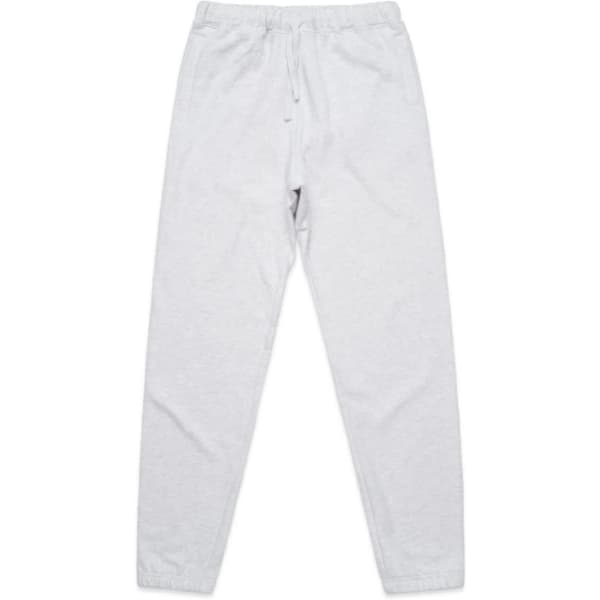 A pair of light grey track pants with a drawstring waist and elasticated cuffs, featuring side pockets.