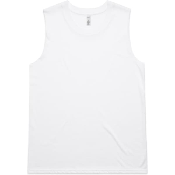 A plain white singlet tank top featuring a logo. The garment has no sleeves and a simple design.