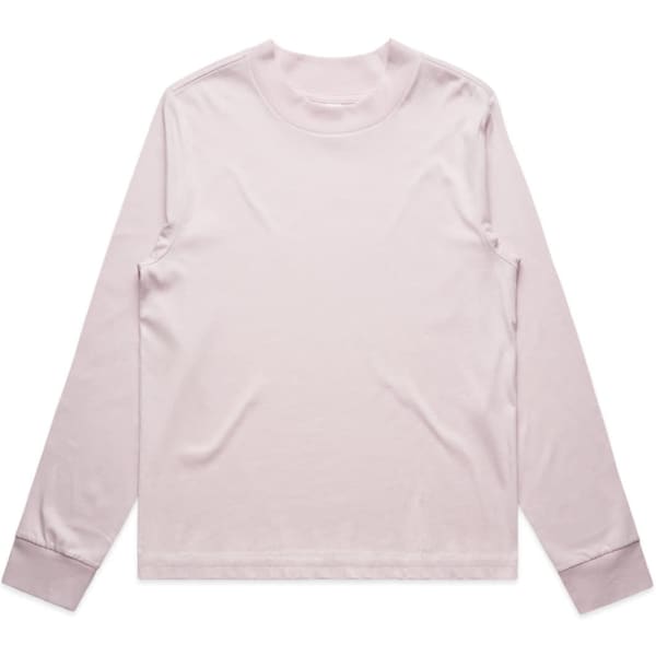 A long-sleeve t-shirt in light pink with a simple design and a branding logo.