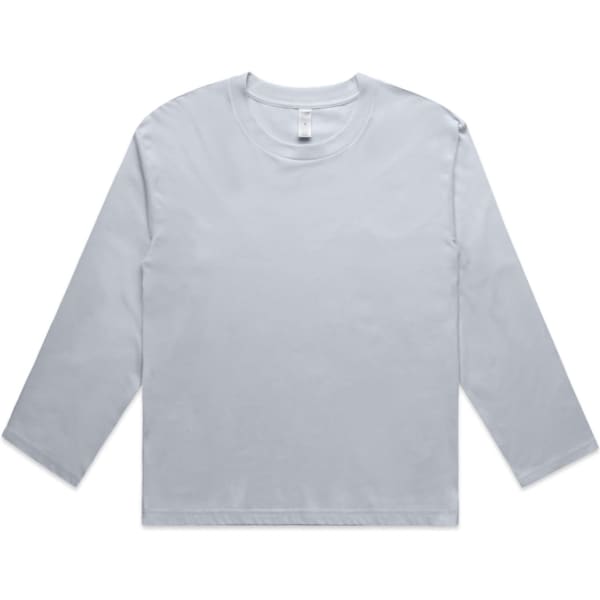 A light grey long-sleeve tee with a round neckline and a logo. Featuring a simple, minimalist design.