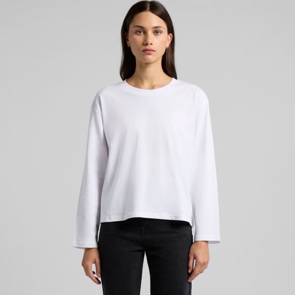 A white long-sleeve t-shirt with a relaxed fit, featuring a simple design and a logo.
