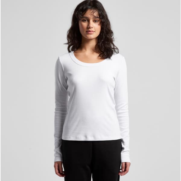 A white long-sleeve t-shirt displayed on a model, featuring a simple design and a round neckline.