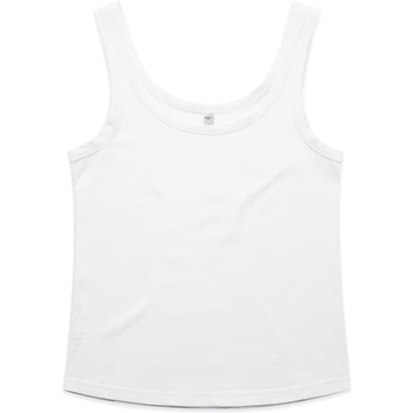 A white soft singlet with a rounded neckline and wide straps, featuring a brand logo.