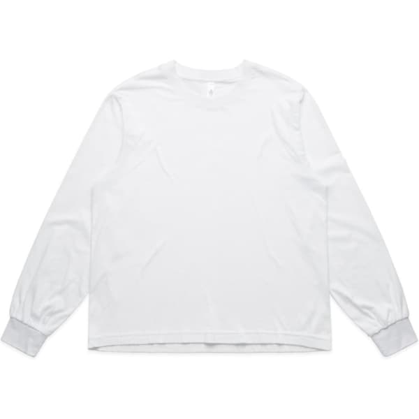 A long-sleeve white T-shirt featuring a round neckline and fitted cuffs, with a brand logo visible.