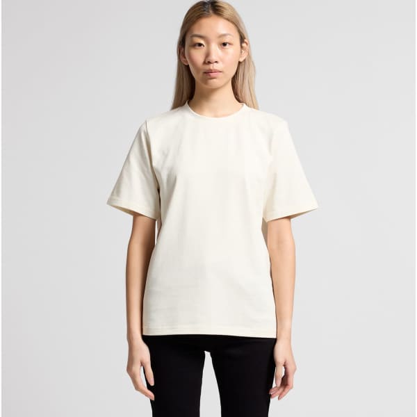 A light cream t-shirt featuring short sleeves and a crew neck, with a logo on the front.