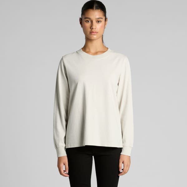 A long-sleeved, faded light grey T-shirt with a relaxed fit. Features long sleeves and a simple design.