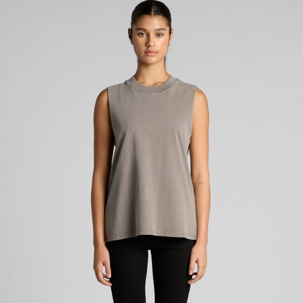 A sleeveless tank top in a faded grey colour, featuring a relaxed fit and a logo on the front.
