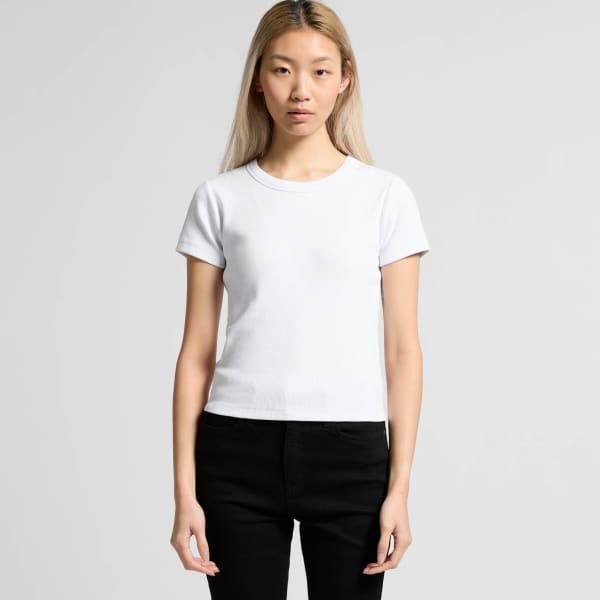 A fitted white ribbed t-shirt with short sleeves, displayed on a model against a light background.