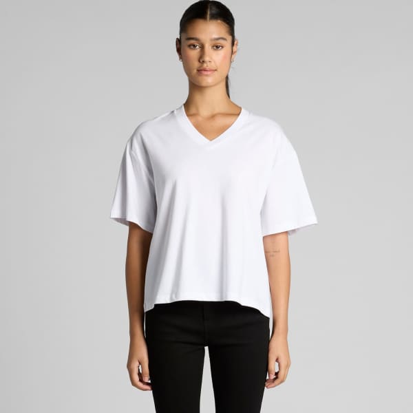 A white V-neck T-shirt with short sleeves, featuring a relaxed fit and a logo on the fabric.