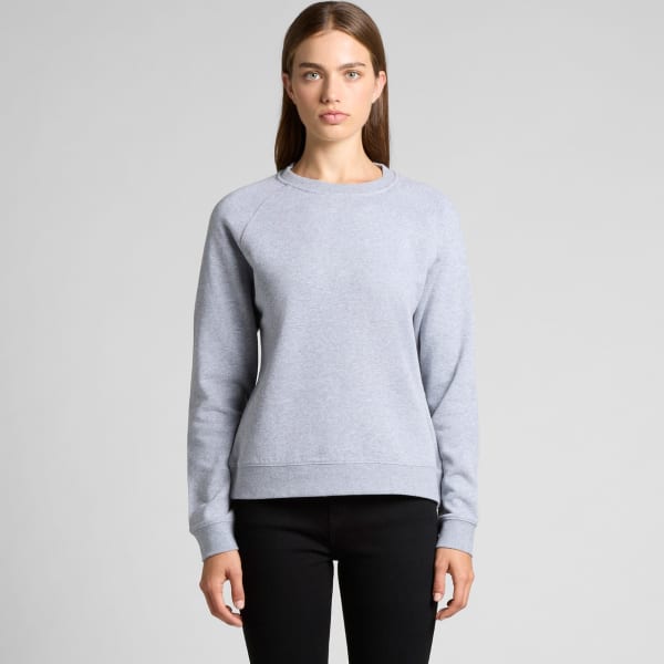 A grey sweater featuring a round neckline and long sleeves, displayed on a model against a plain background.