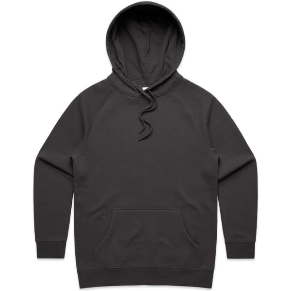 A black hoodie with a front pocket and a drawstring hood, featuring raglan sleeves and a logo.