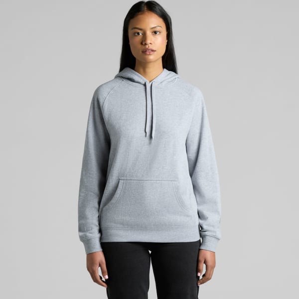 A grey hoodie with a front pocket and drawstring hood, featuring a logo. Designed for casual wear.