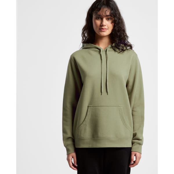 An olive green hoodie with a front pocket and adjustable drawstring hood. The model is standing and facing forward.
