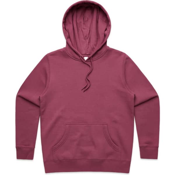 A maroon hoodie featuring a front pocket and a hood, with an attached drawstring. It has a logo on it.
