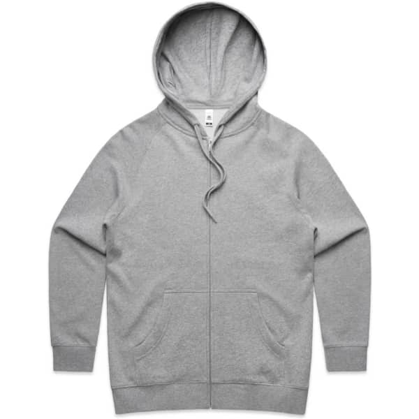A grey zip-up hoodie featuring a hood and front pockets, with a branding logo.