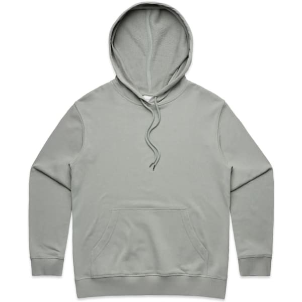 A light grey hoodie with a front pocket and a drawstring hood, featuring a branding logo.
