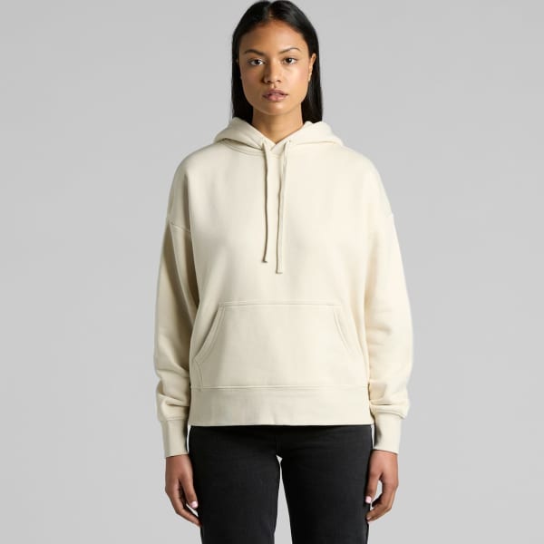 A cream-coloured hoodie with a front pocket and drawstring hood, featuring a logo.