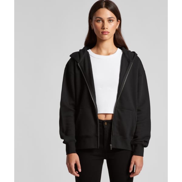 A black zip-up hoodie with a hood, featuring a relaxed fit and side pockets.