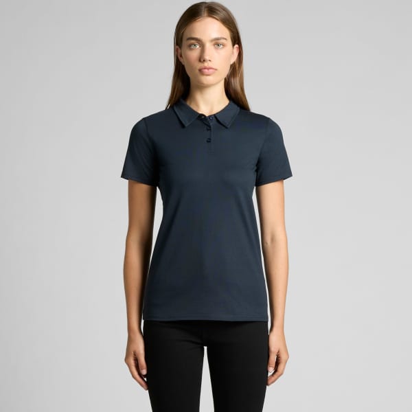 A navy polo shirt with a collar and short sleeves, featuring a logo on the chest.
