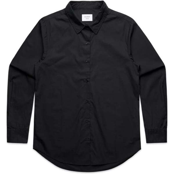 A black button-up shirt with long sleeves, featuring a standard collar and a logo on the label.