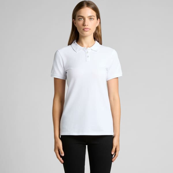 A white polo shirt with a collared neckline and short sleeves, featuring a small logo.