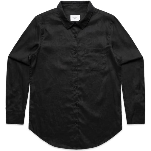 A black button-up linen shirt with long sleeves and a chest pocket, featuring a logo.