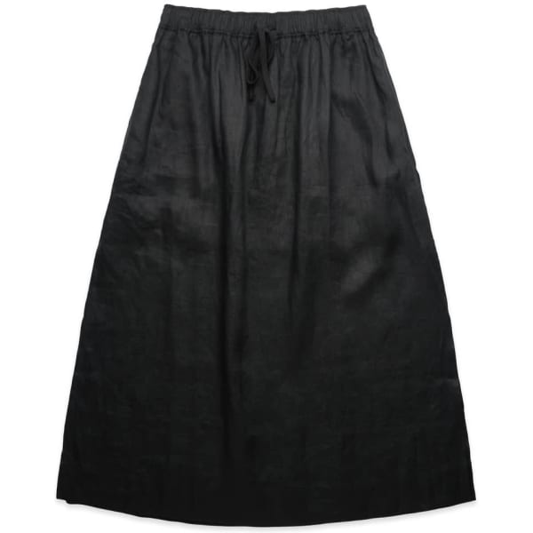 A black linen skirt with an elastic waistband and drawstring, featuring a simple and elegant design.