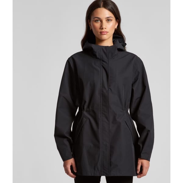 A black jacket with a hood, featuring an adjustable waist and a branding logo.