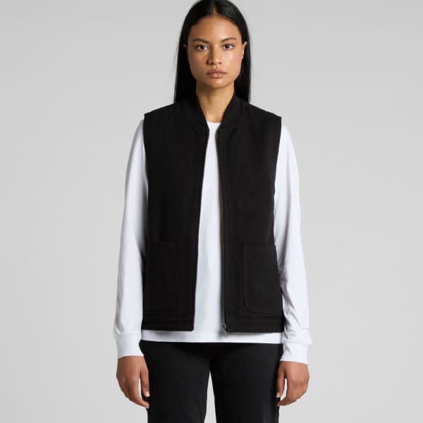 A black heavy vest with a simple design, featuring two front pockets and a zip closure.