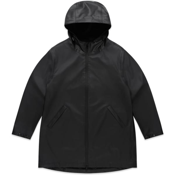 A black rain jacket with a hood, featuring side pockets and a zip closure, with a small logo on it.