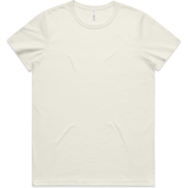 A light cream-coloured t-shirt with a round neckline, featuring a logo on the label.