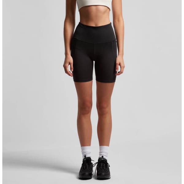 Active black bike shorts with a high waist, featuring stitching details and a waist drawstring.