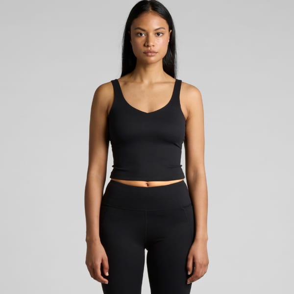 A sleeveless black tank top with a v-neck design, featuring a fitted shape and broad straps.