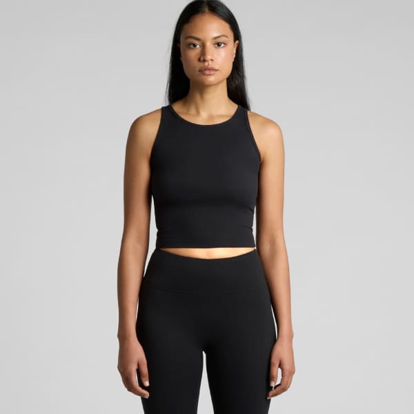 A black active crop tank top with a fitted design, paired with matching black leggings. It features a logo.