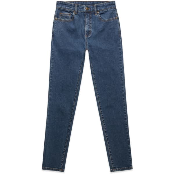 A pair of blue skinny jeans with a classic design and a logo on the waistband.