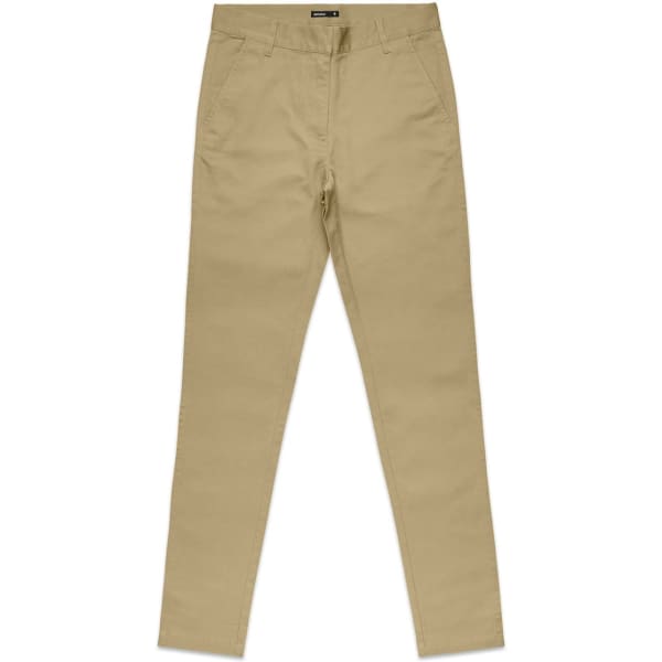 A pair of light khaki slacks with a fitted style, featuring a waistband and front pockets. The product has a logo.