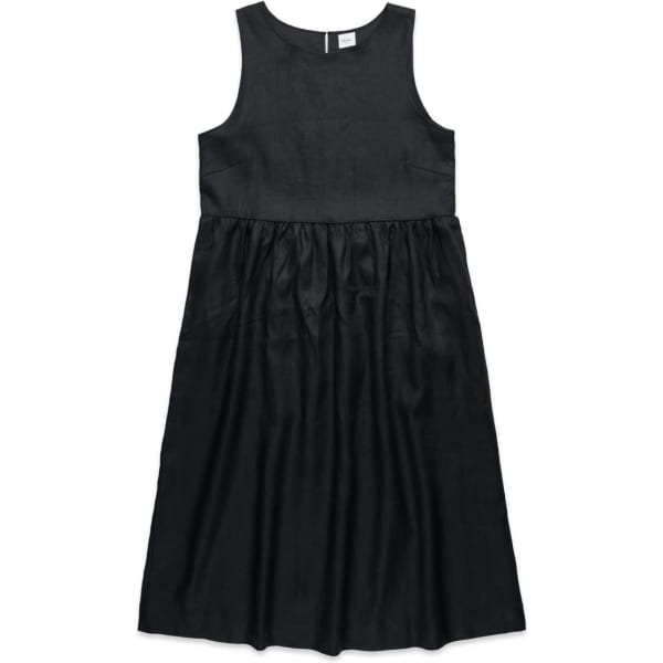 A black linen dress with a sleeveless design and gathered skirt, featuring a simple, elegant silhouette.