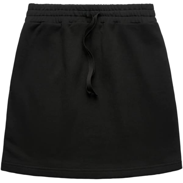 A black terry skirt featuring an elastic waistband and drawstring. The design is simple and minimalist.