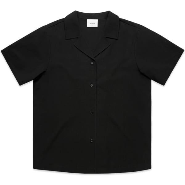 A black short-sleeved pyjama top with a collar and button closure, featuring a logo.