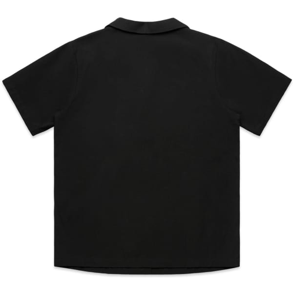 A black short-sleeved pyjama top with a collared neckline and a plain back. It features a logo on the label.