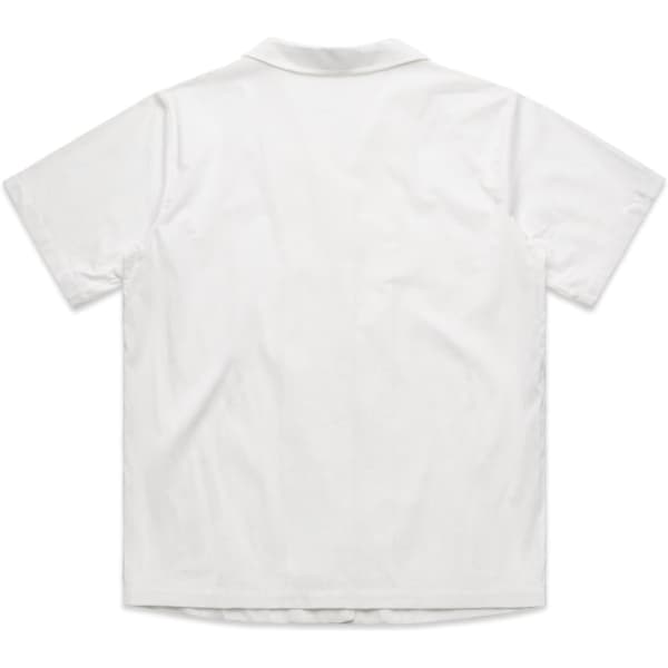A white pyjama top with a short-sleeve design and a collar, featuring a branded logo.