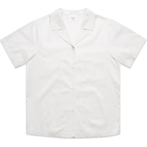 A white short-sleeved pyjama top with a collar and buttons, featuring a logo on the fabric.