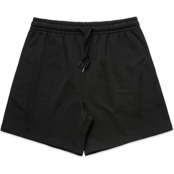 Black sports shorts with an elastic waistband and drawstring, featuring a minimalist design and a logo.