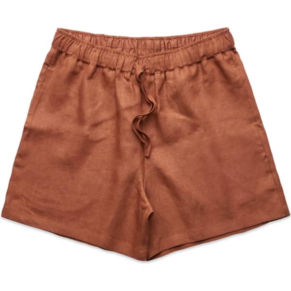 Wo's Linen Shorts in a warm terracotta colour, featuring an elastic waist and drawstring detail.