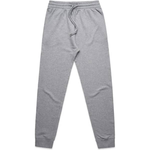 Grey track pants featuring a drawstring waistband and fitted cuffs. The product has a logo.
