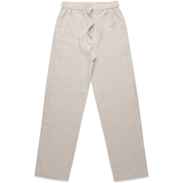 Linen pants in a light beige colour with an elastic waistband and drawstring detail. Features a simple design.