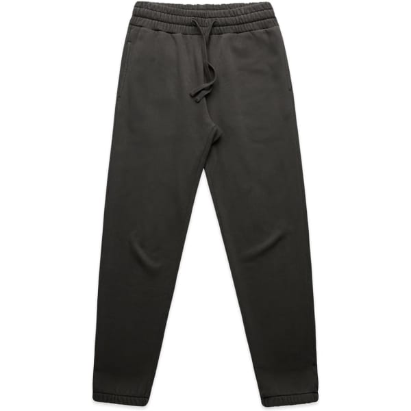 Track pants in a faded olive green colour, featuring an elastic waistband and pockets, with a logo.