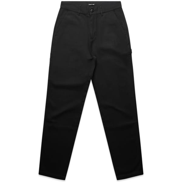 Black utility pants featuring a sleek design and multiple pockets, with a small logo detail.