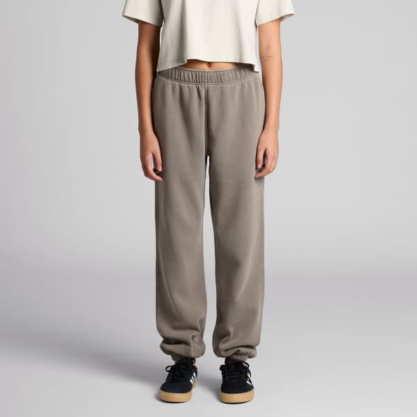 Faded olive track pants with an elastic waistband and cuffs, featuring a logo detail.